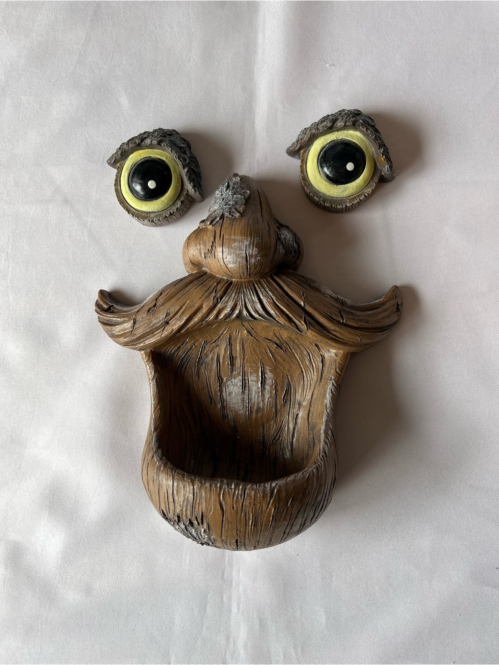 Whimsical Wooden Face Wall Pocket - Brown with Yellow Eyes